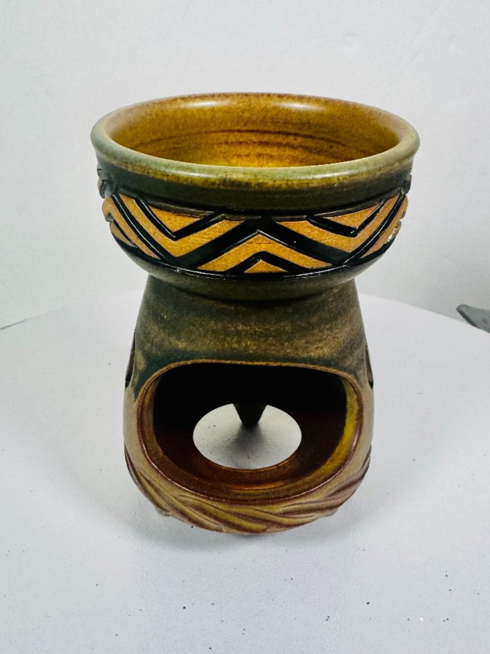 Oil Burner Tea Light Luminary 5.5" Stoneware Green Matte Tan Hand Carved Japan